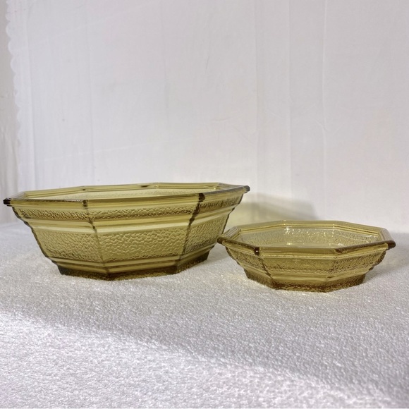 Vintage Anchor Hocking Textured Amber Glass Octagonal Chip & Dip Bowl Set - Picture 12 of 14
